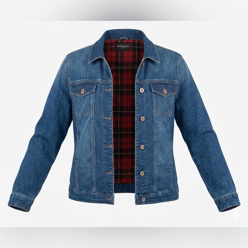 Parasuco Jeans Denim Jacket Red Black Plaid Lined Double Fleece lining Size L